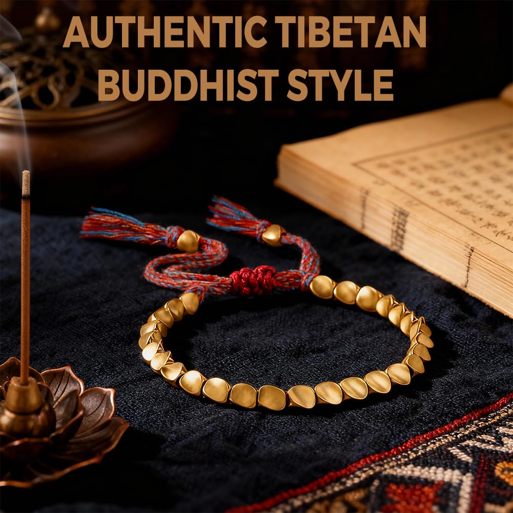 Buddha Stones Tibetan Copper Bead Bracelet, Handmade Braided Cotton String Tibetan Copper Bracelet, Polished Copper Beads Tibetan Bracelet, Adjustable Unisex Copper Bracelet Gift for Women and Men, Includes Gift Box