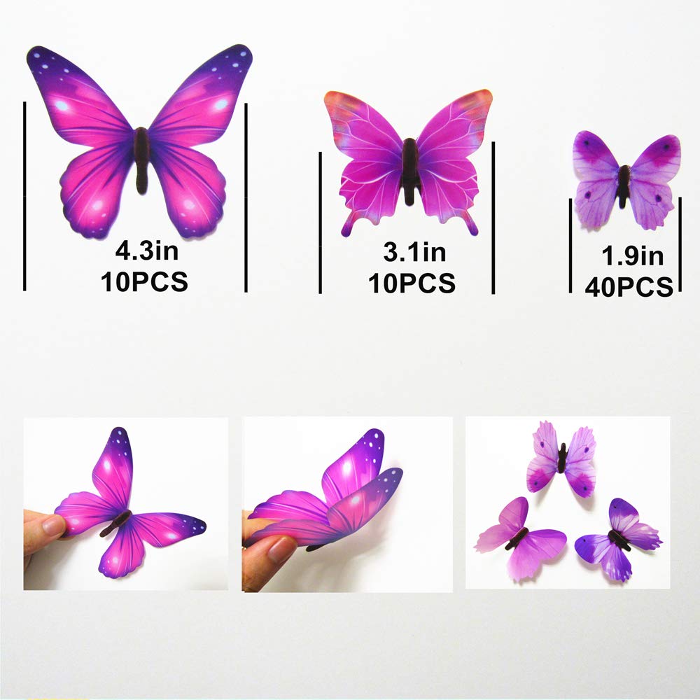 60PCS Butterfly Wall Decals - 3D Butterflies Decor for Wall Removable Mural Stickers Home Decoration Kids Room Bedroom Decor (Pink)