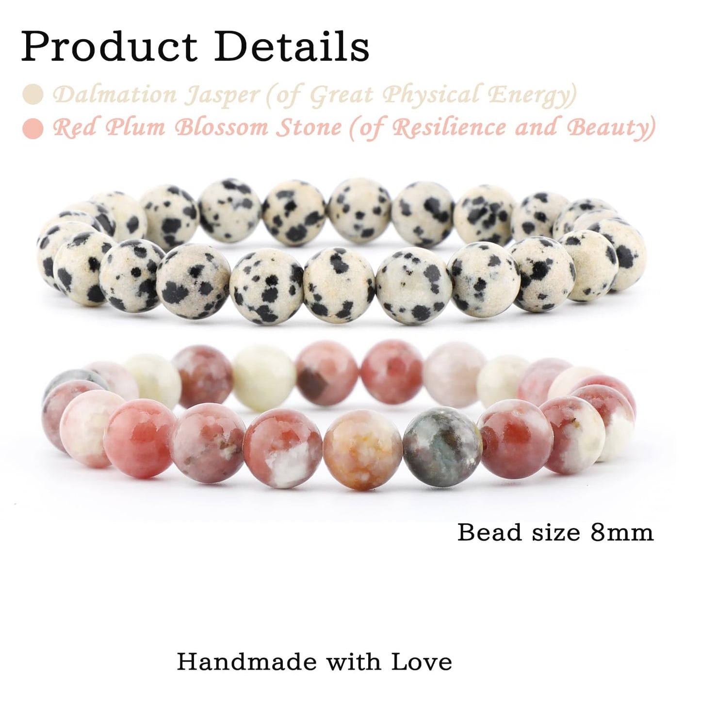 NCB 2-Piece 8mm Natural Crystal Gemstone Stretch Bracelets – ﻿Dalmation Jasper, Red Plum Blossom Stone Handmade Reiki Energy Healing Jewelry for Meditation,Yoga, Unisex