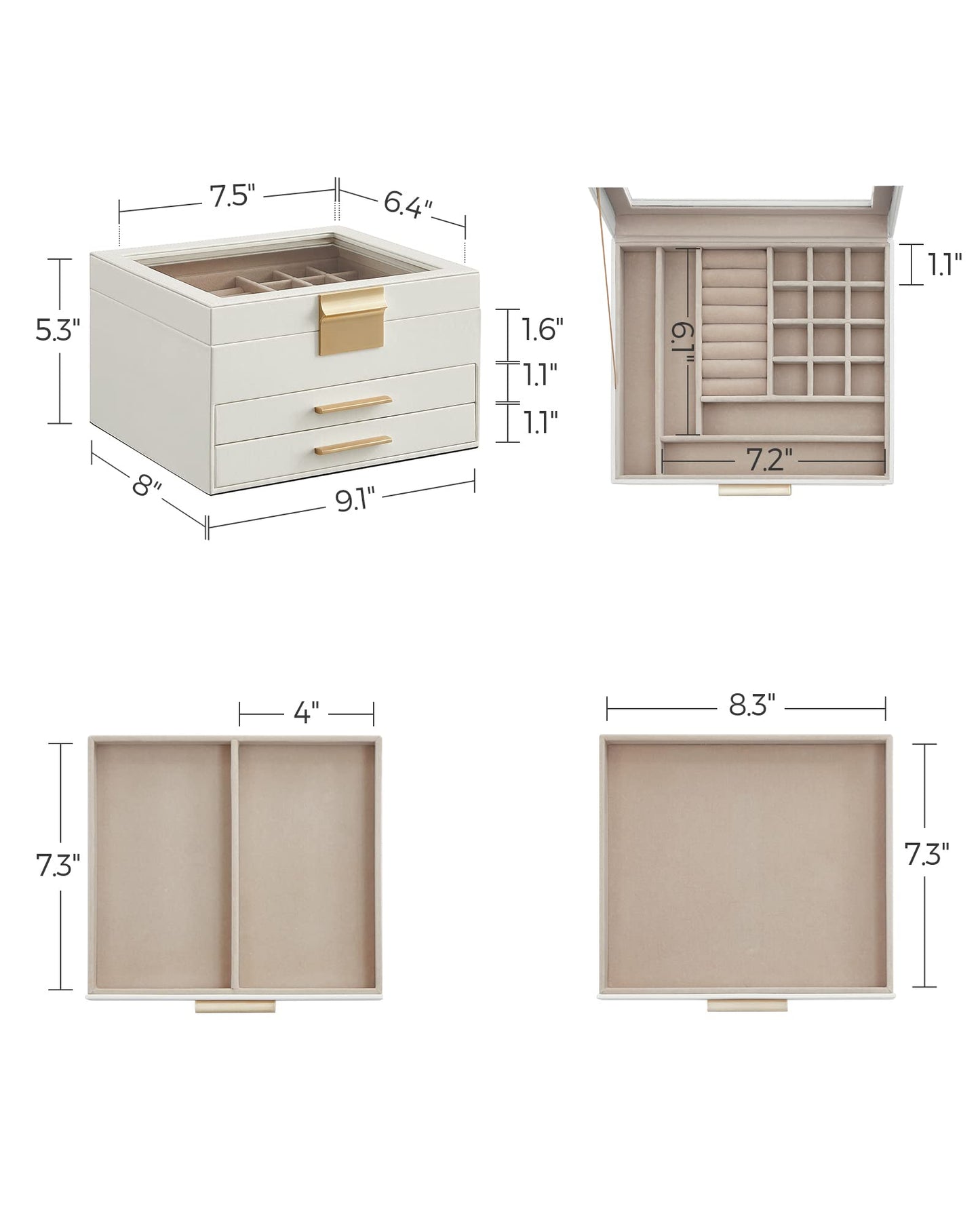 SONGMICS GISELLA Collection - Jewelry Box Organizer, 3-Layer Jewelry Storage with 2 Drawers, Shiny Metal Hardware, Glass Lid, Modern, 8 x 9.1 x 5.3 Inches, Cloud White and Gold Color UJBC239WT