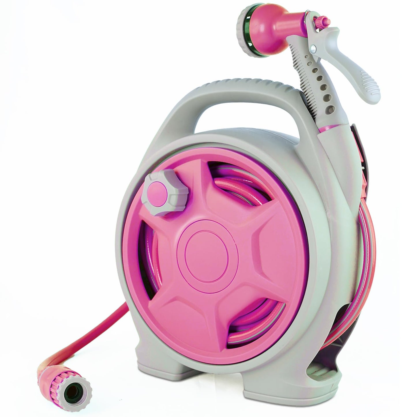 Portable Hose Reel, 50FT Garden Hose Reel for Outside, Lightweight Hose Reel with 6 Patterns Spray Nozzle, Suitable for US Standard Hose Connection（PINK）