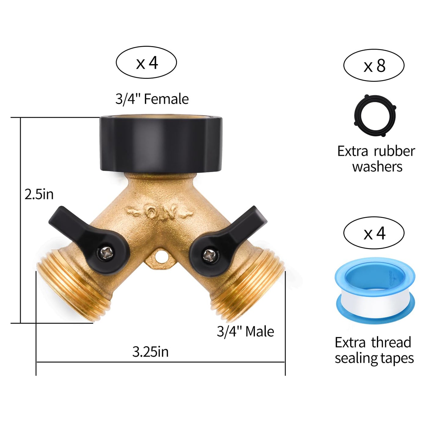 4 Pack Hose Splitter, 2 Way Heavy Duty Brass Garden Hose Splitter, for 3/4" Hose Connector, Brass Garden Hose Manifold with Rubber Washers & Tapes