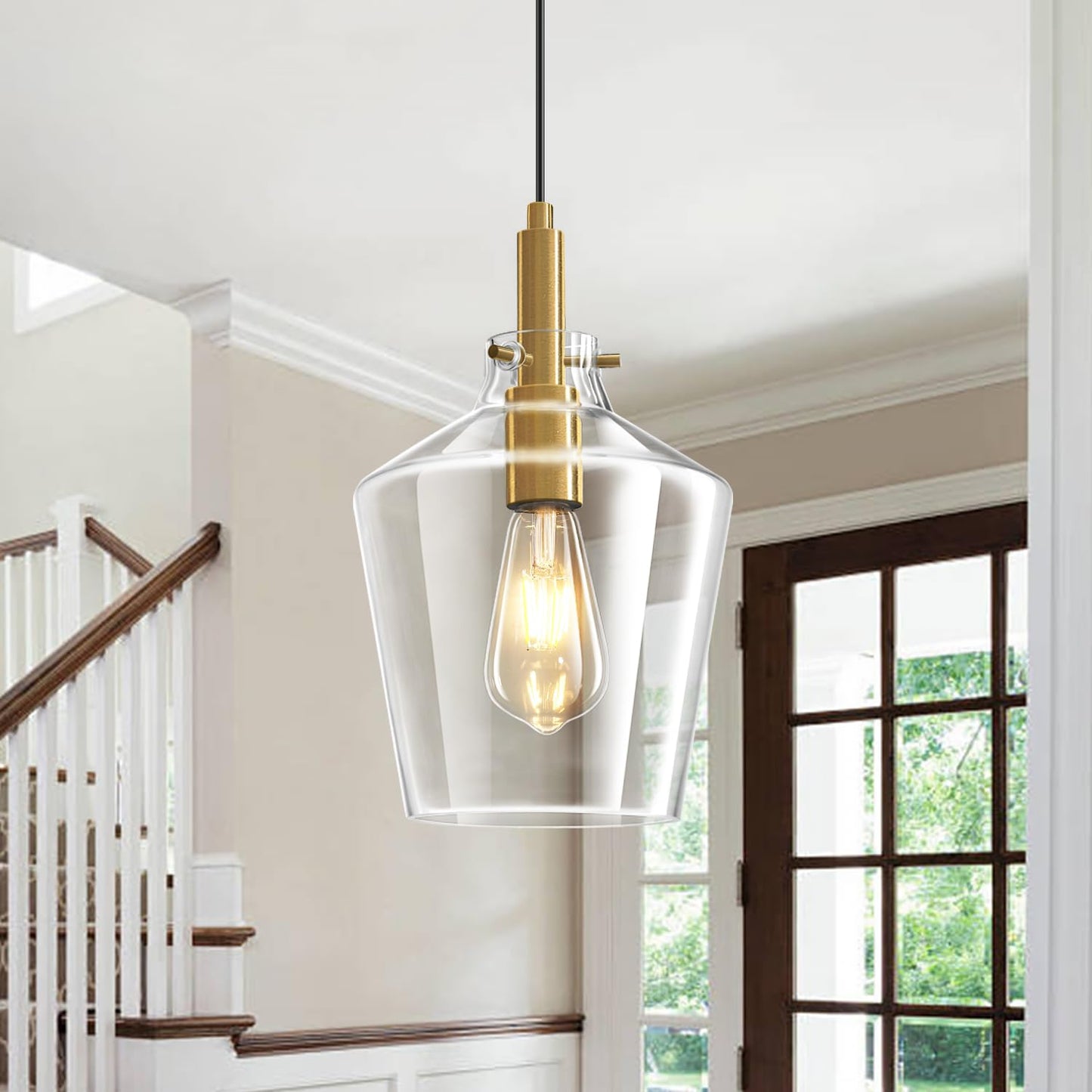 Vaziden Modern Glass Pendant Lighting for Kitchen Island, Farmhouse Gold Pendant Light Fixtures 1 Pack, Adjustable Hanging Ceiling Light Angled Clear Glass Shades 8 Inch