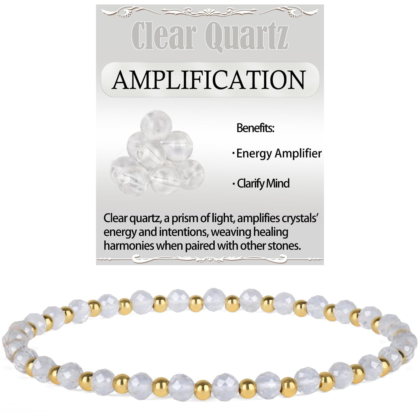 QOGIR Clear Quartz - Amplification - 14K Gold Plated Beads Natural Gemstone Stretch Elastic Dainty Healing Beaded Bracelets Gifts 4mm