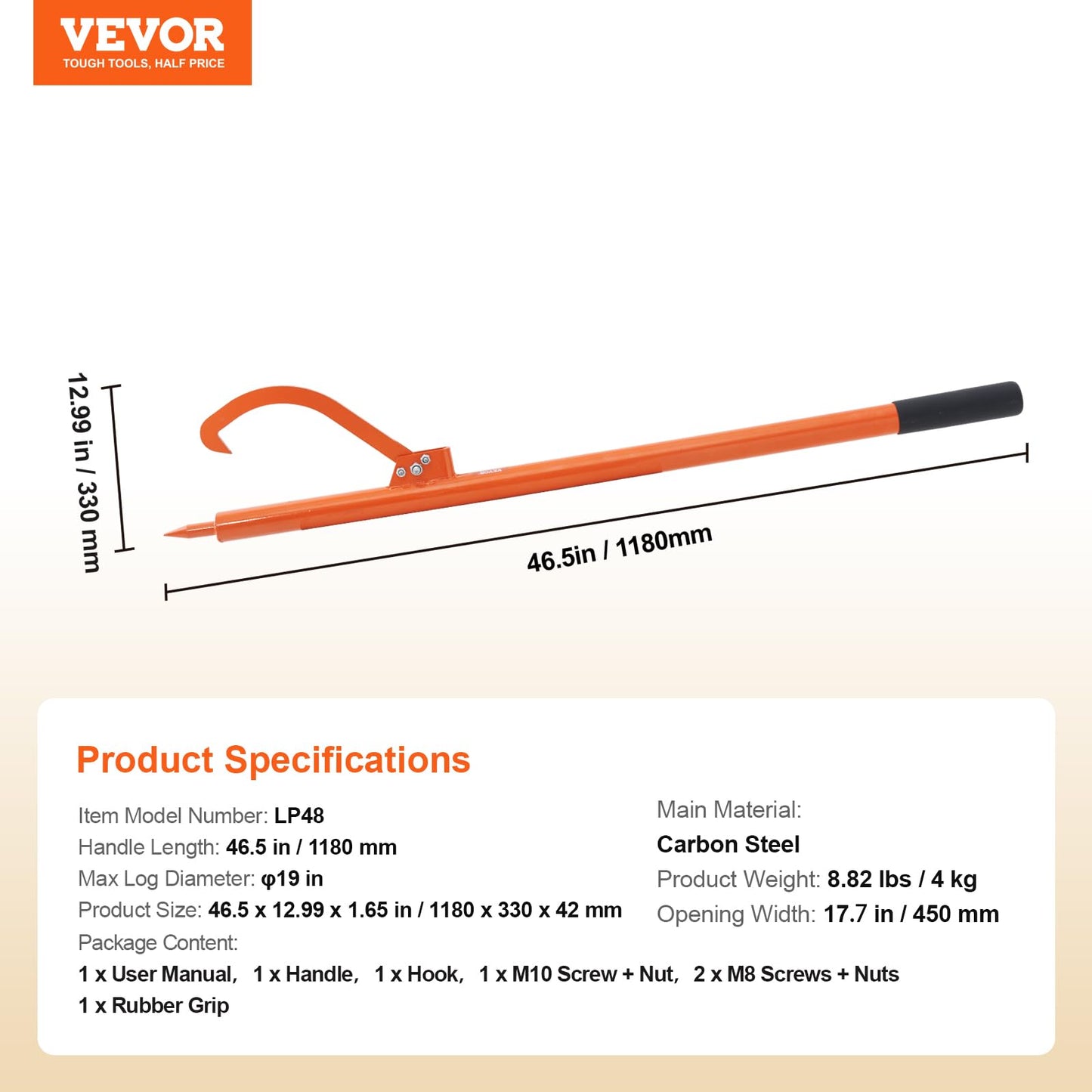 VEVOR 46.5" Log Lifter, Adjustable Heavy Duty Log Roller Cant Hook, Opening Felling Log Roller with Rubber Grip, Log Cant Hook Logging Tools for Rolling, Raising, Turning Logs up to 19" Dia