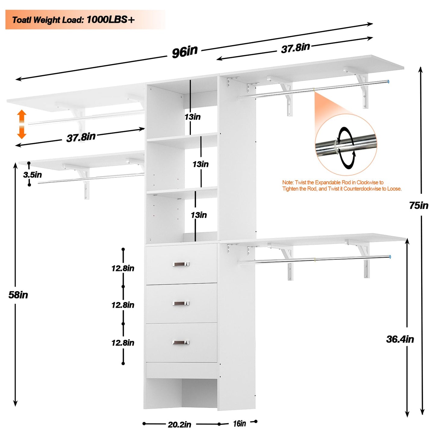 iSunirm 8FT Closet System, 96'' Closet Organizer System with 3 Hanging Rods, Wall Mount Bedroom Wardrobe with 3 Drawers Walk-in Closet, Adjustable Cloth Garment Rack from 5 to 8FT (Cut to Fit), White