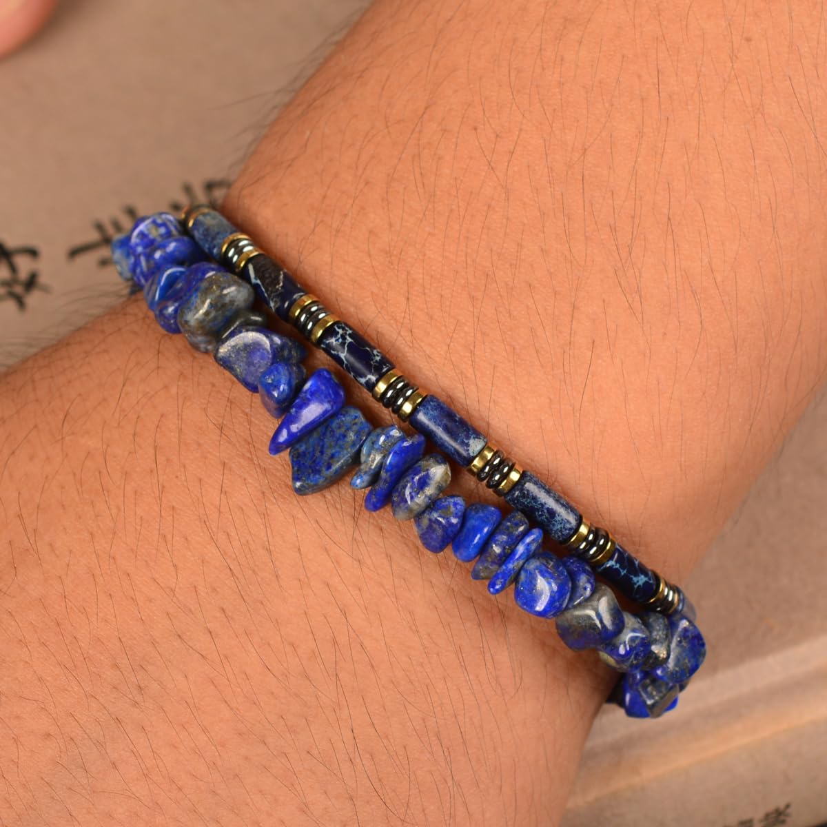 Casvia Blue Sovereign Men's Chakra Bracelet, Handcrafted Blue Emperor & Hematite Beads, Adjustable Stainless Steel Dual Clasp, Thickened Wire Gift for Dad Boyfriend Husband