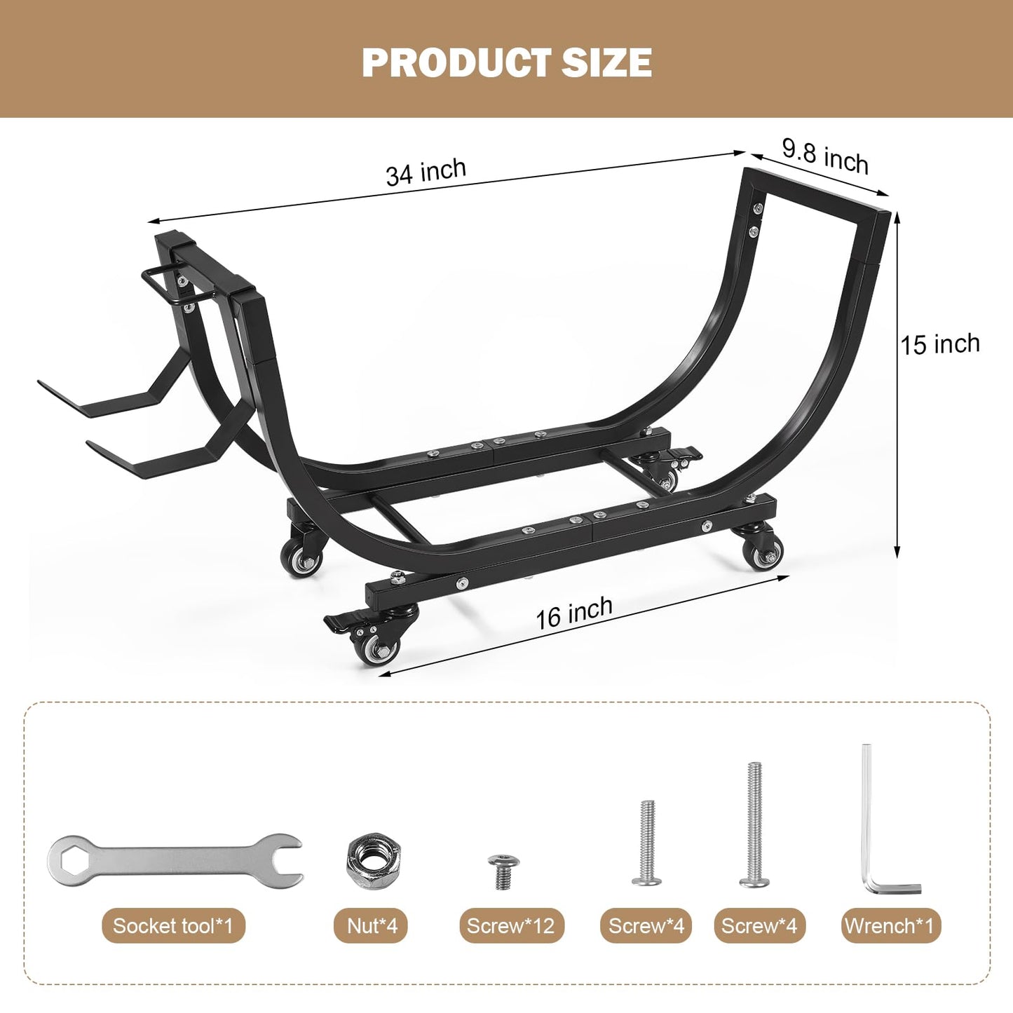 Freudeere 34 Inch Firewood Rack Outdoor Indoor with Handle and Lockable Wheels, Stable Metal Wood Rack Heavy Duty Log Holder for Fireplace Patio Deck, Rustproof Firewood Storage Organizer Tool