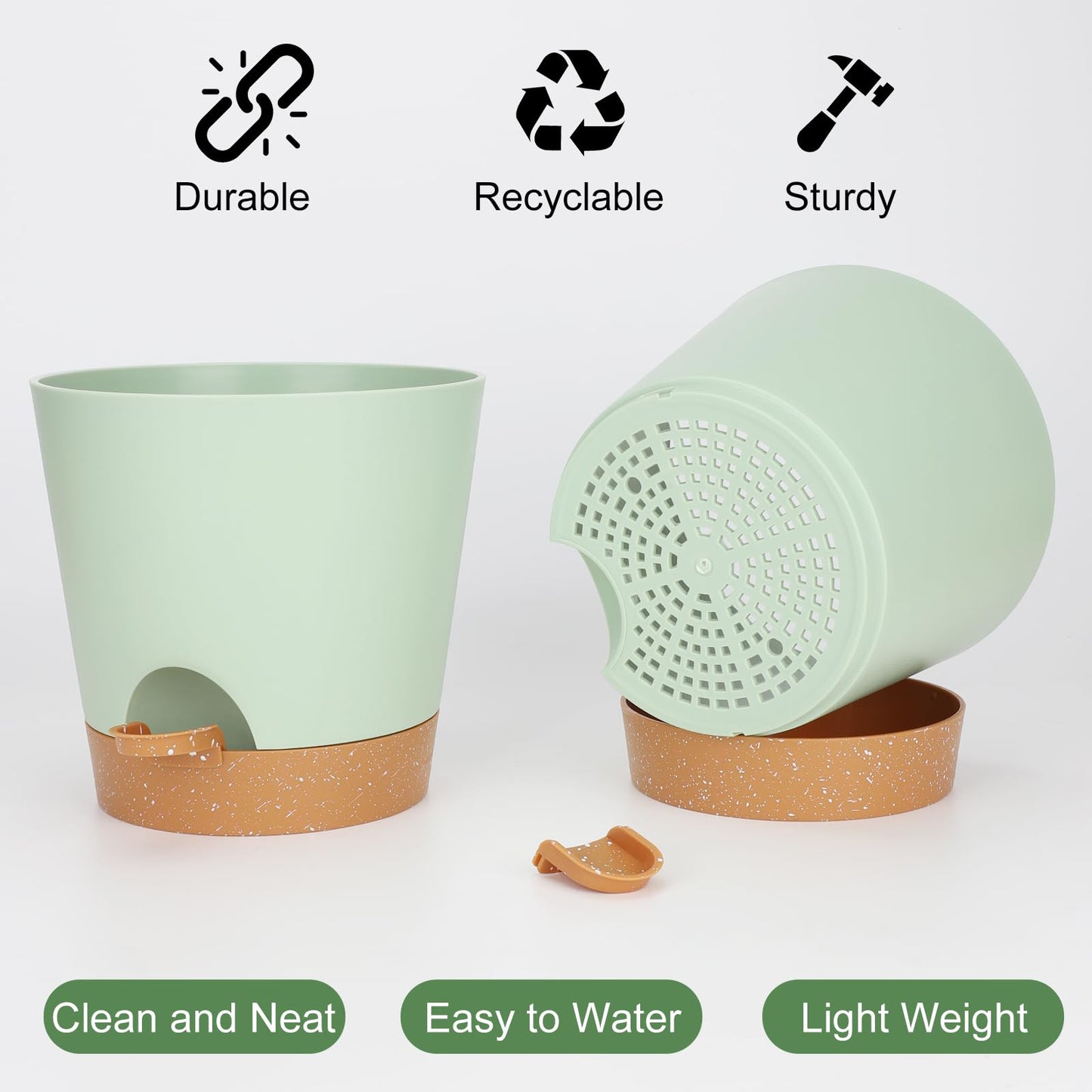 YNNICO 8-Inch Plant Pots, Self-Watering Planters with Drainage Holes & Saucers for Indoor and Outdoor Plants (2-Pack, Green)