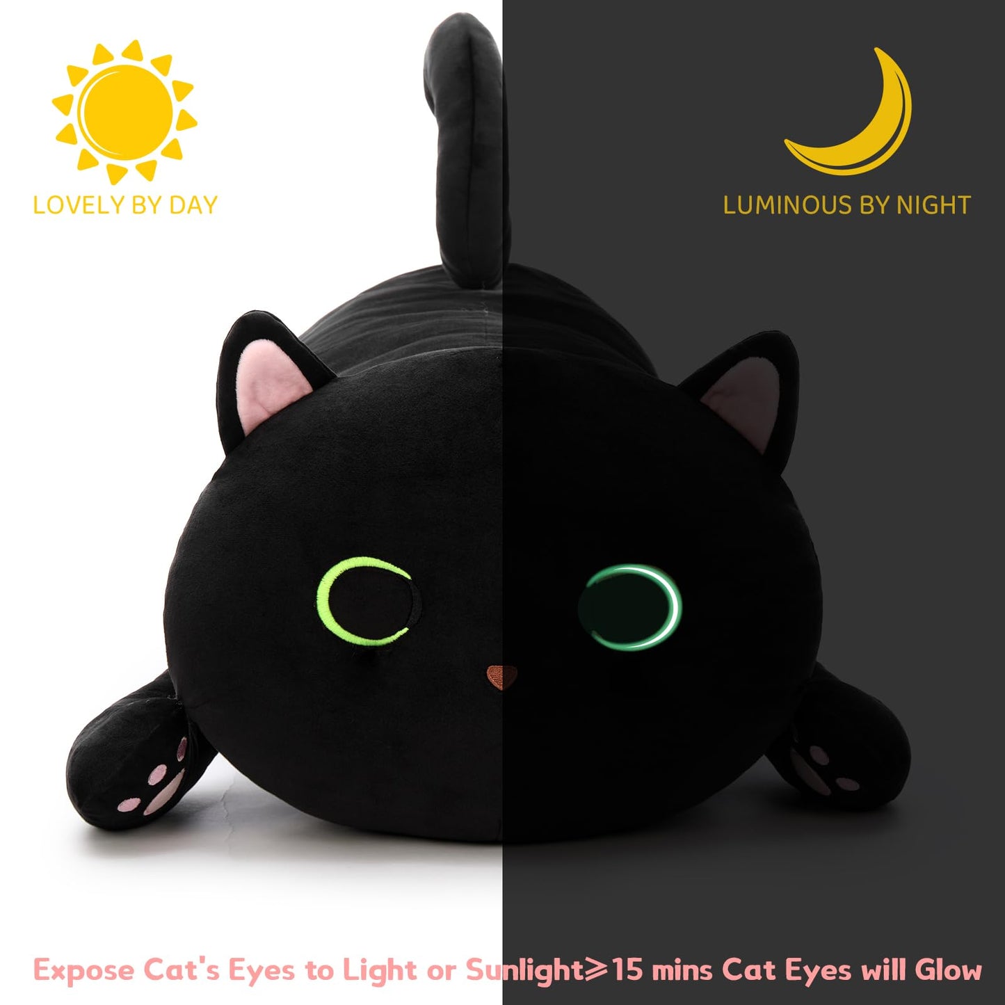 MaoGoLan Black Cat Plush Body Pillow, 44'' Giant Glow in The Dark Cat Stuffed Animal Toy for Girl Boy Kid, Big Cute Kitten Plush Throw Pillow for Birthday Gift, Baby Shower Party Favor Decor