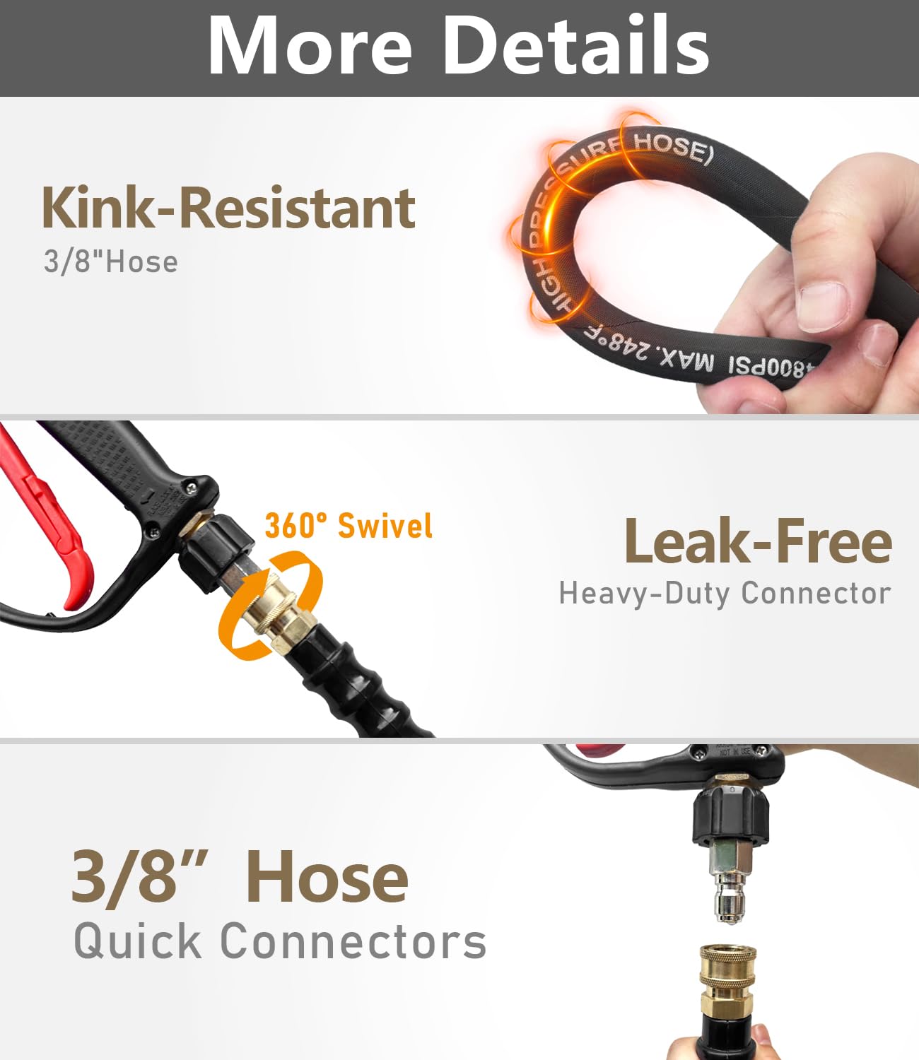 NAVOHEVEN 3/8" Pressure Washer Hose 100FT 4800 PSI, Kink Resistant Steel Braided Layer & NonMarking Rubber for Hot/Cold Water, High Power Washer Hose With 3/8 Inch Quick Connect & M22 Fitting, Black