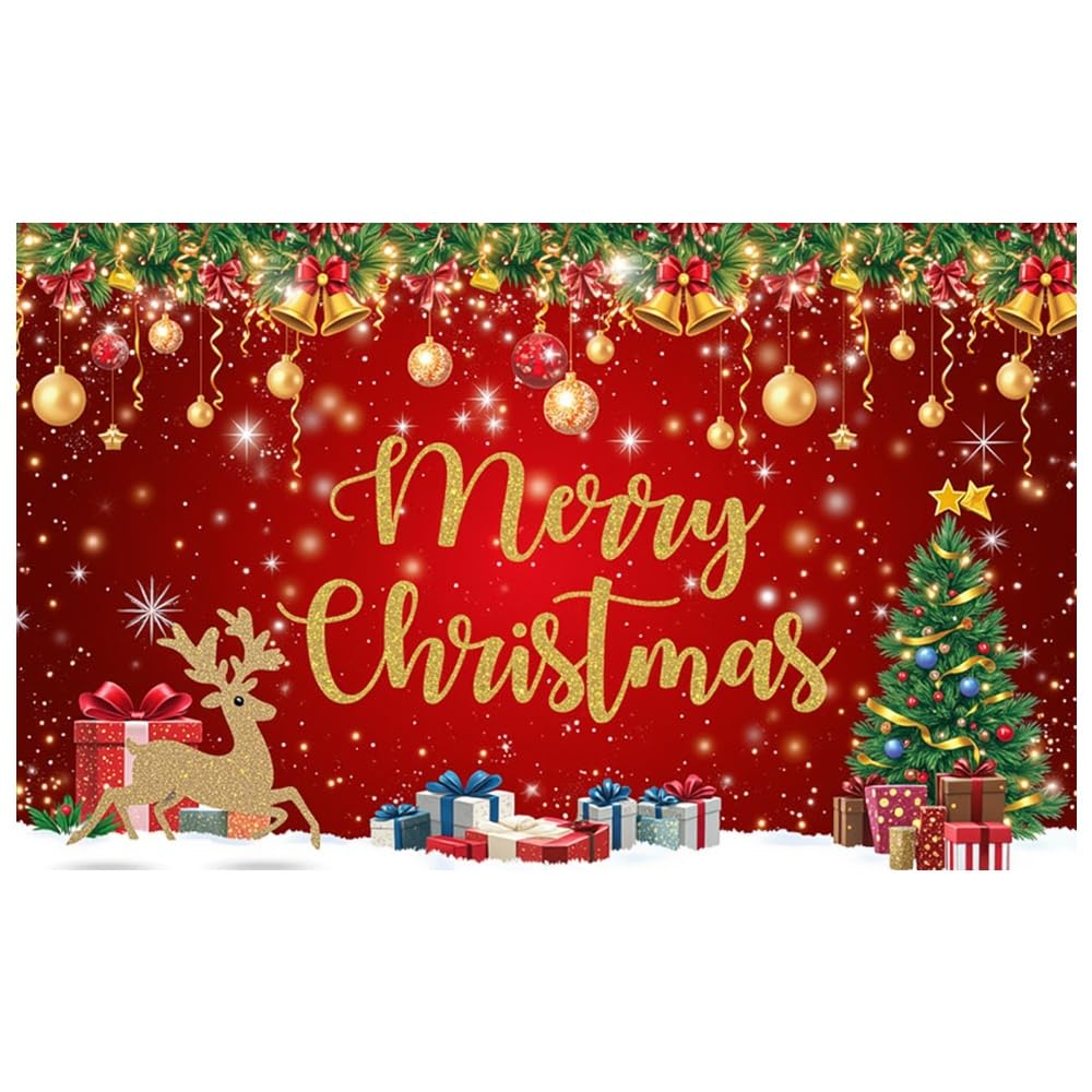 Red Gold Merry Christmas Banner Festive Party Backdrop Xmas Decorations for Home Office Christmas Eve Holiday Celebration