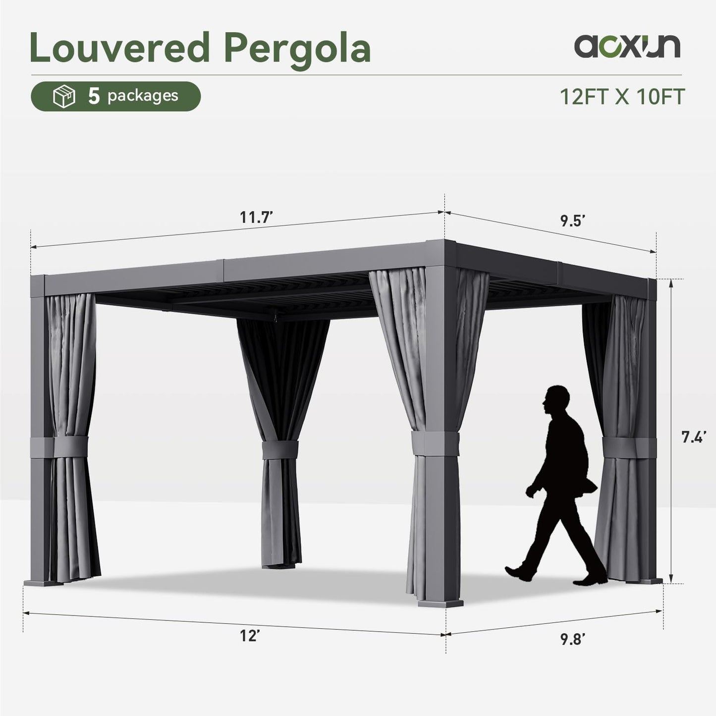 Aoxun Louvered Pergola 10' x 12' Outdoor Aluminum Pergola with Adjustable Top for Decks, Gardens and Backyards, Gray