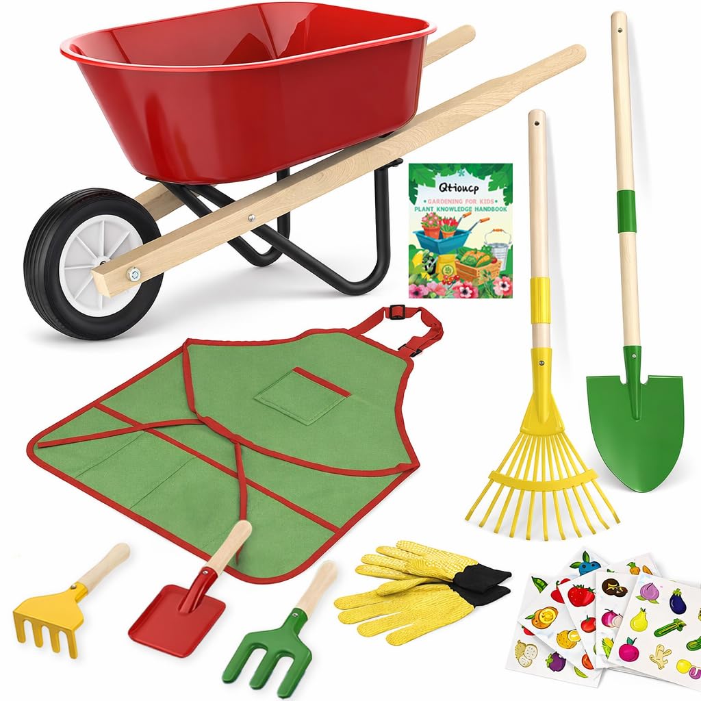 Qtioucp Kids Gardening Wheelbarrow Set, Metal & Wooden Garden Tools for Kids Ages 3-8, Real Wheelbarrows with Apron, Gloves & STEM Guide, Outdoor Backyard Garden Toy Gift (Wheelbarrow Garden Set)