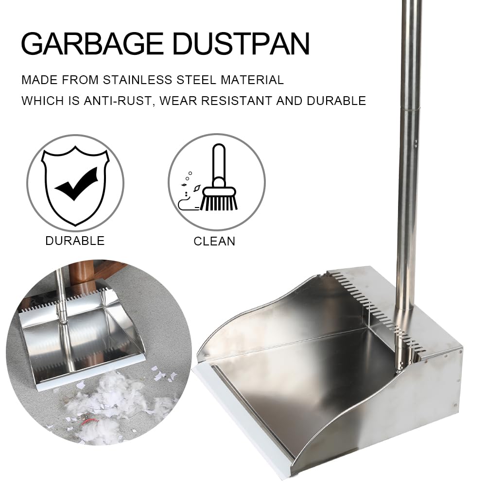 Stainless Steel Dustpan Metal Dustpan with Handle Heavy Duty Dust Pan Upright Dust Pan for Home Office Lobby