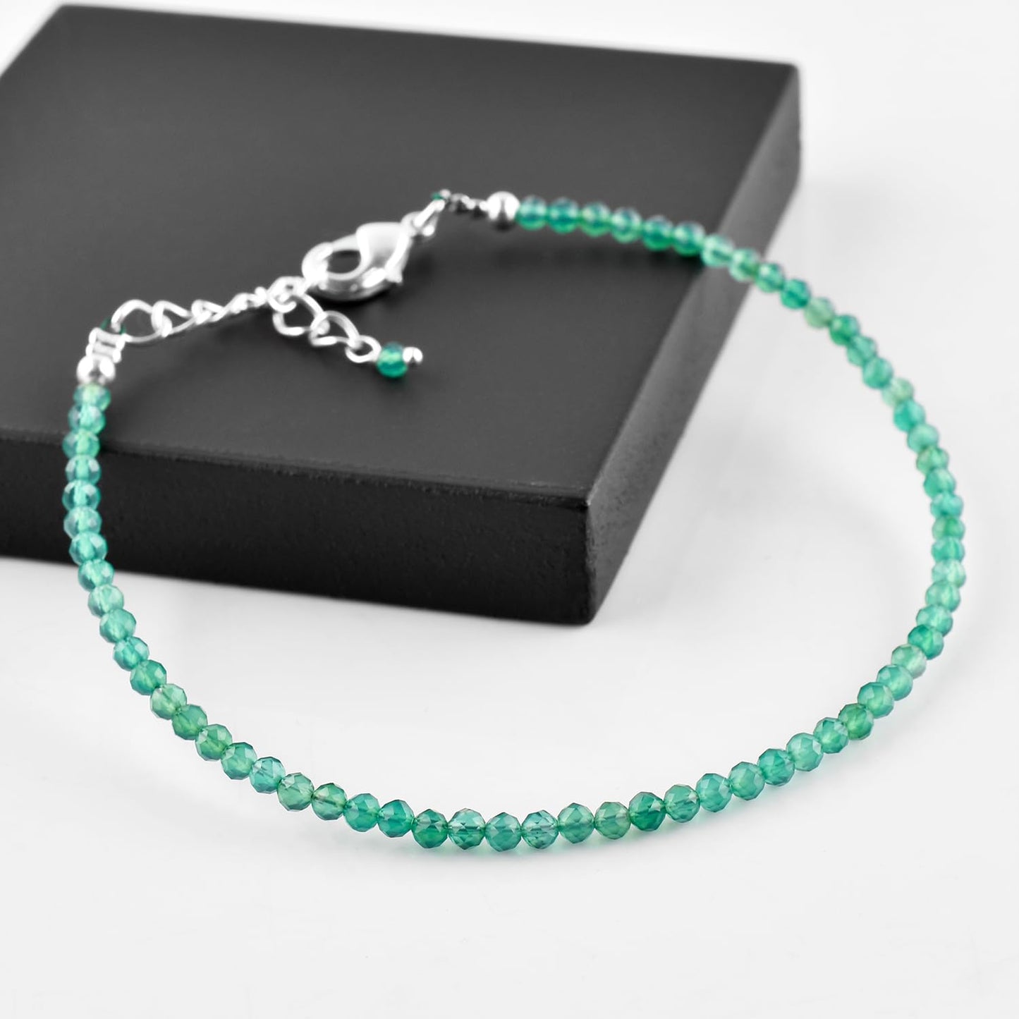 Yanara Green Onyx Stone Bracelets For Women Beads Dainty Gemstones Jewelry for Women Birthstone, Chakra Energy Healing Crystals, Silver Plated Chain 8 inch