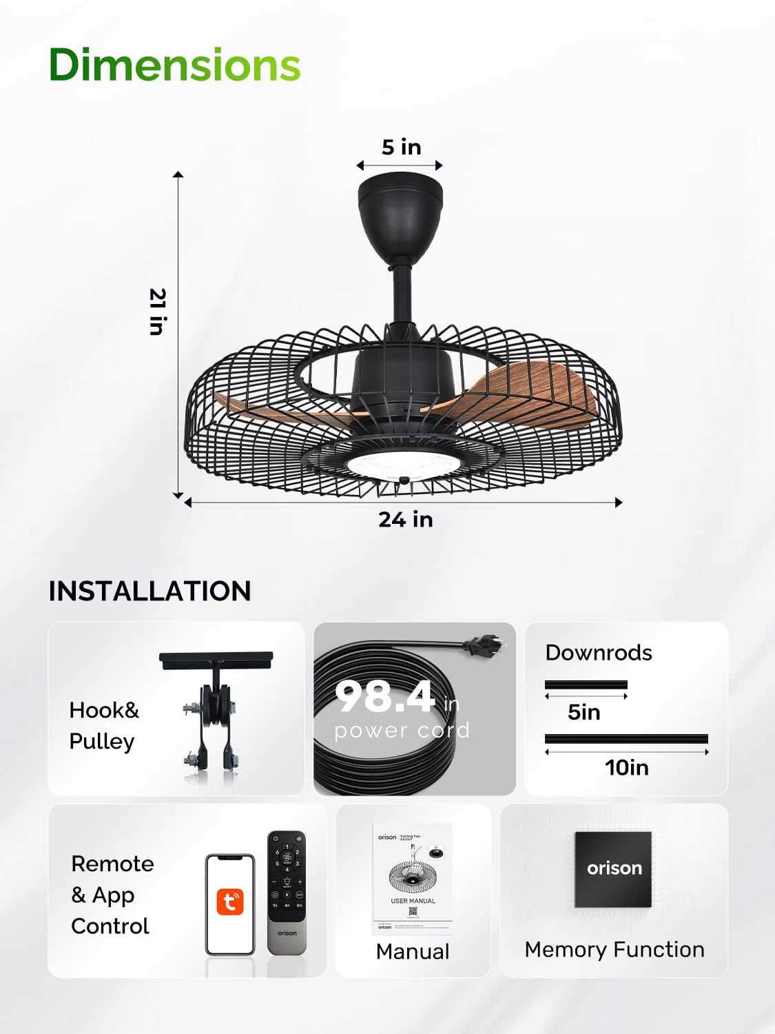 Orison Outdoor Ceiling Fans with Lights for Patio, 24" Weatherproof Ceiling Fan, Gazebo Fan Remote & APP Control, 3CCT Dimmable,Caged Plug in Ceiling Fan with Hanging Hook for Pergola Porch Canopy