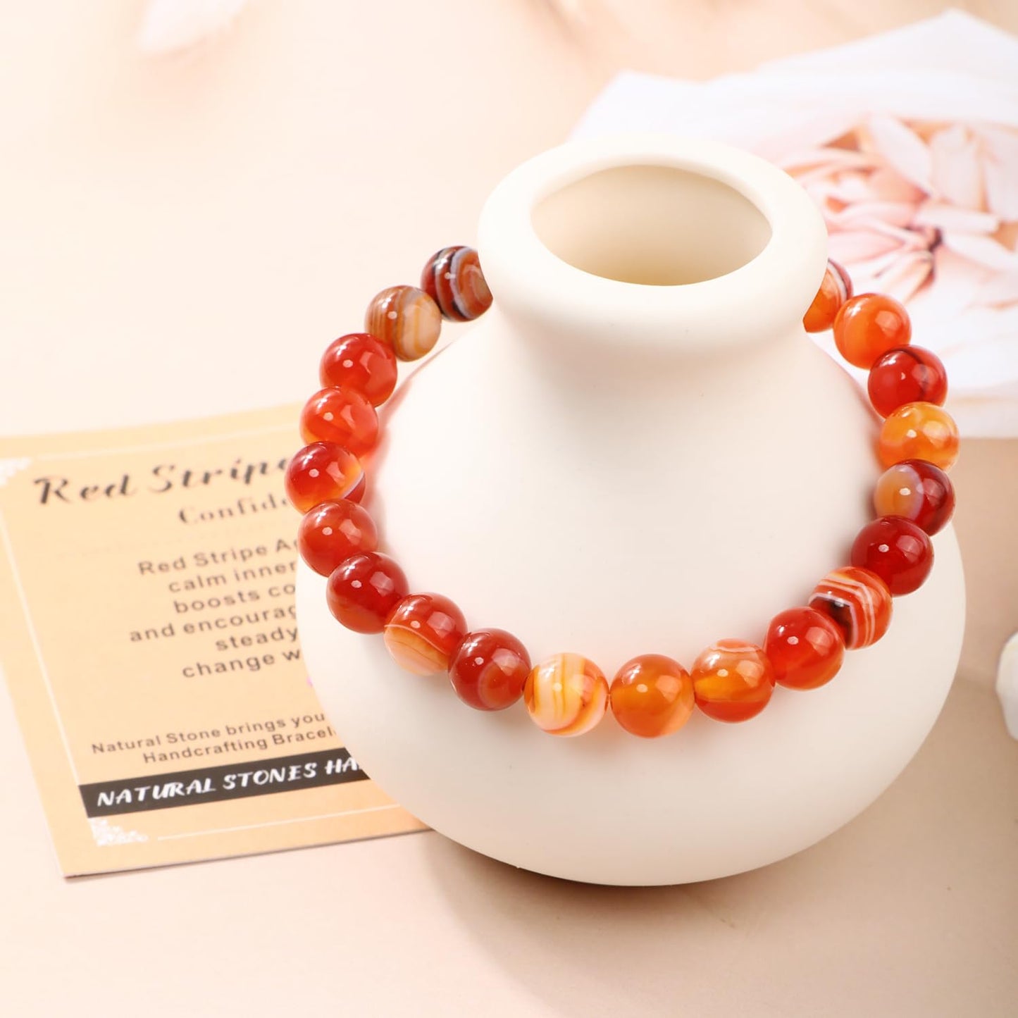 AD Beads 6mm Handmade Red Stripe Agate Elastic Bracelet – Natural Gemstone for Confidence – Meditation, Yoga, Healing and Energy Gift for Men Women