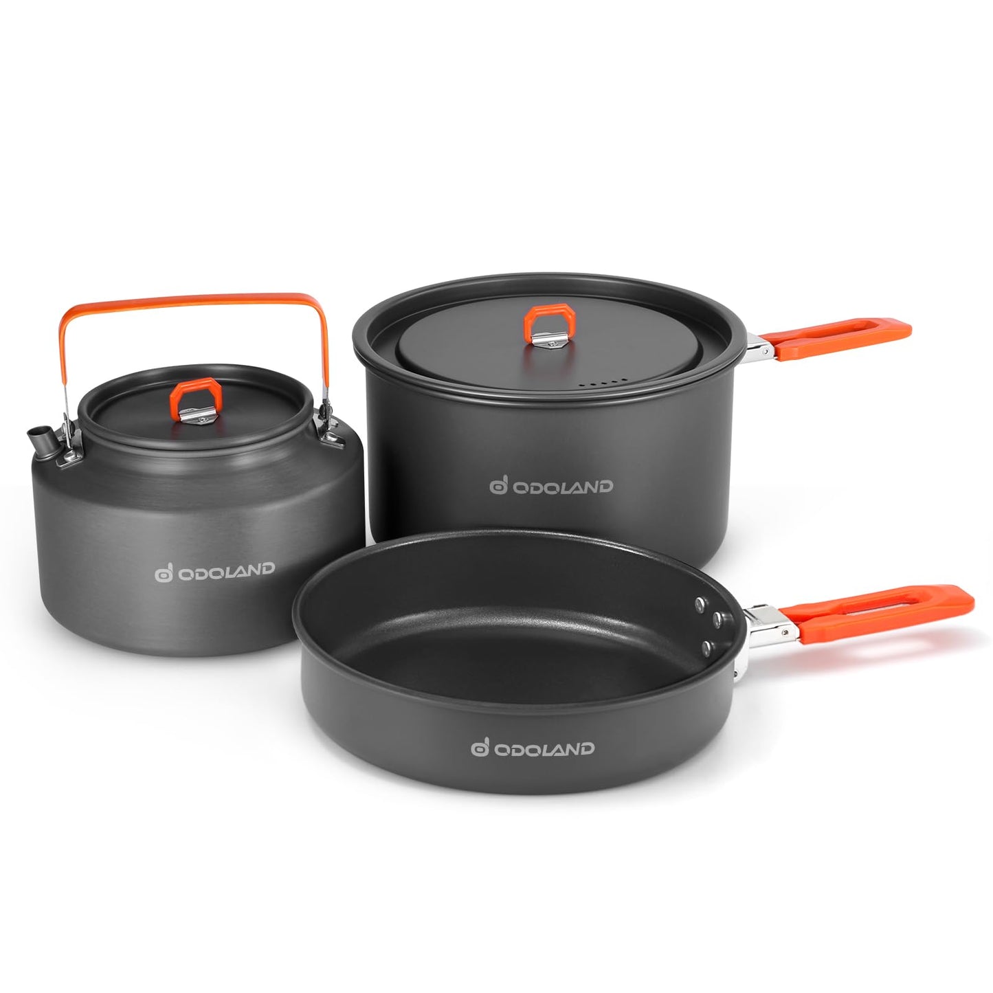 Odoland Camping Cookware Mess Kit, Camping Cooking Pot, Fry Pan and 2.0L Kettle Set, Portable Cookware Set with Mesh Bag for Backpacking, Outdoor Cooking and Picnic, for 5-7 People