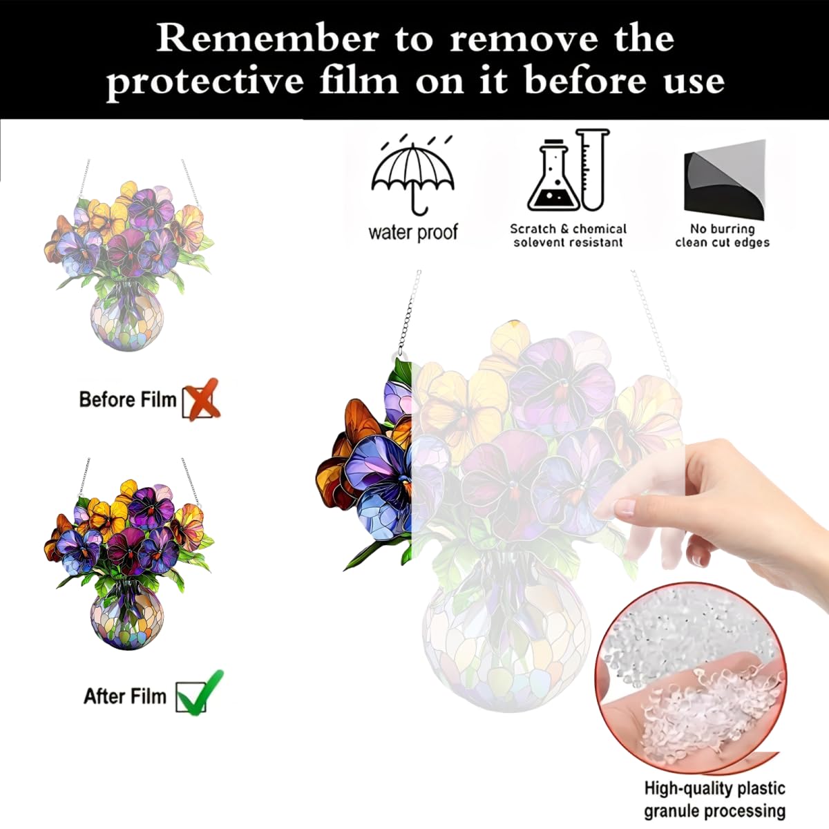 1PC Pansies in Vase Acrylic Suncatcher Hanging, 7.08 inch Window Decor with Printed Stained Glass Style Design, Rainbow Maker Wall Art, Gift Idea & Garden Ornament Indoor Outdoor Use/ZW-07