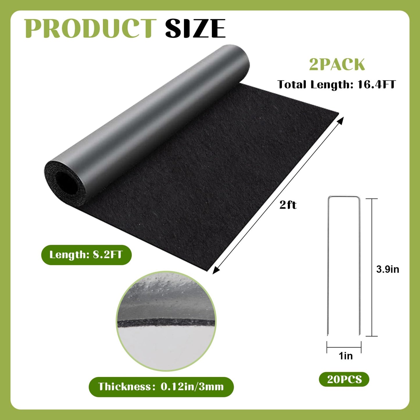 2 Rolls Recycled Felt Mulch Mat Roll for Landscaping, 8.2 x 2Ft Black Fabric Mulch Walkway Pathway Mat, Permanent Garden Pathway Mulch Barrier Landscaping Mat with 20 Stakes for Garden Weed Barrier