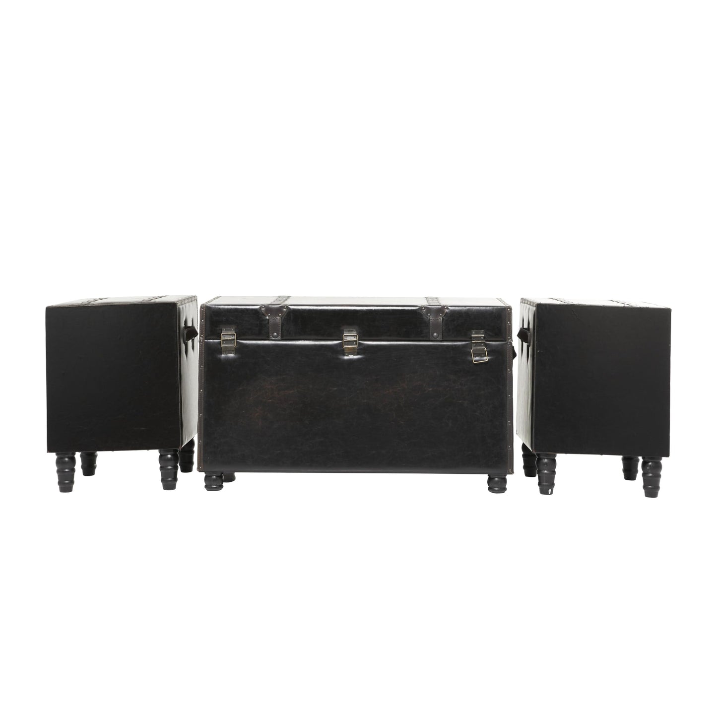 Deco 79 Faux Leather Home Bench Vintage 4 Drawer Entryway Benches with Faux Leather Straps and Studs, Set of 3 Bedroom Benches 37", 16", 16"W, Brown