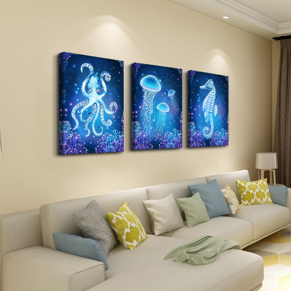 DZRWUBHS Wall Art Paintings For Bedroom Living Room Wall Decor Blue Ocean Life Theme Art Prints Wall Artworks Sea Animal Sea Horse Octopus Jellyfish Pictures Bathroom Home Decor Posters 3 Panels