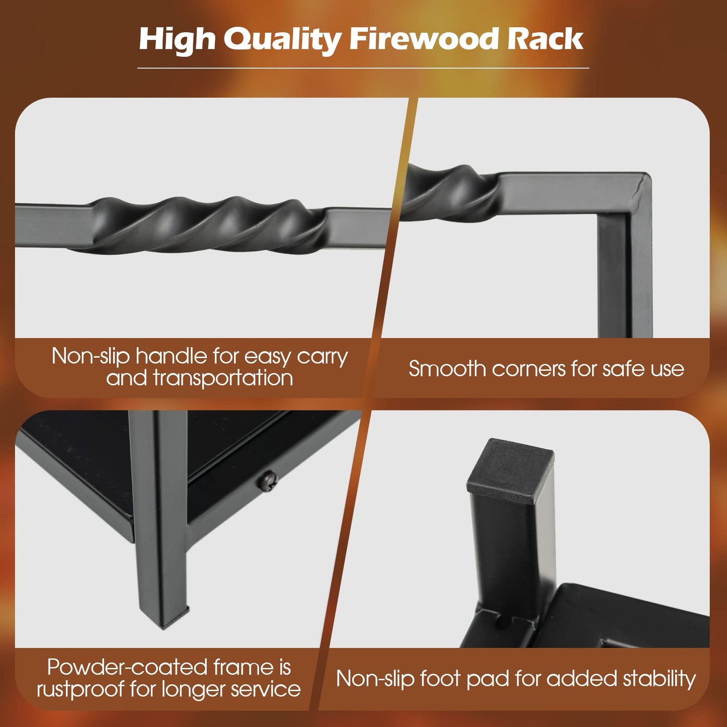 Tangkula Firewood Log Rack, Heavy Duty Firewood Holder with Unique Handle and Raised Feet, Firewood Storage Holder for Fireplace, Stove, Fire Pit, Easy Assembly, Black