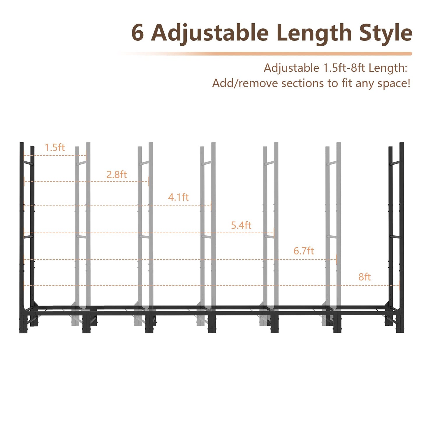 C-Hopetree 8Ft Outdoor Indoor Firewood Rack, Adjustable Metal Log Holder for Fireplace, Heavy Duty Wood Pile Storage Organizer Stacker Stand, Black