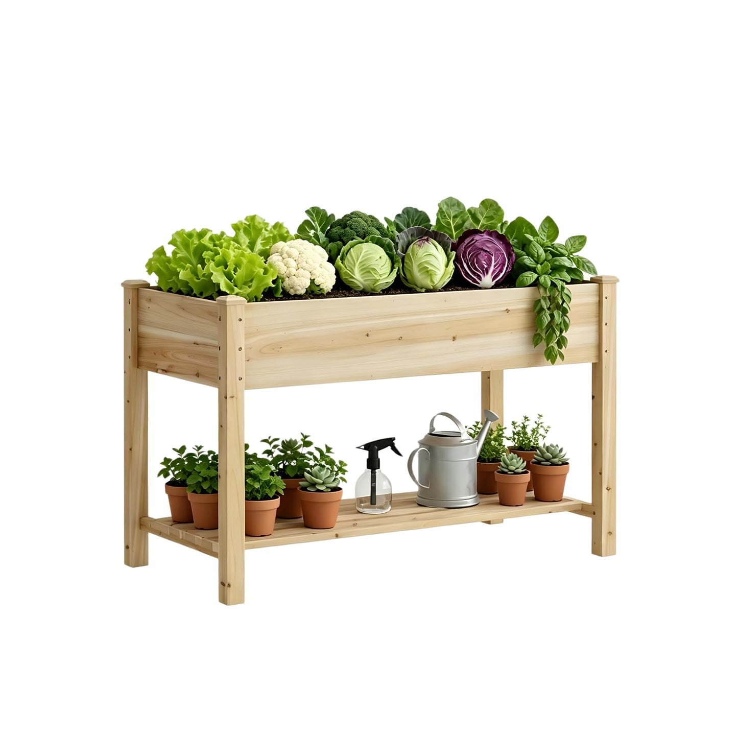 Raised Garden Bed with Legs, Wooden Planter Box with Storage Shelf, Elevated Wood Planter Box for Vegetables Flowers Herbs, Garden Planter for Backyard, Patio, Balcony, 48x24x30.7inch (Natural, M)