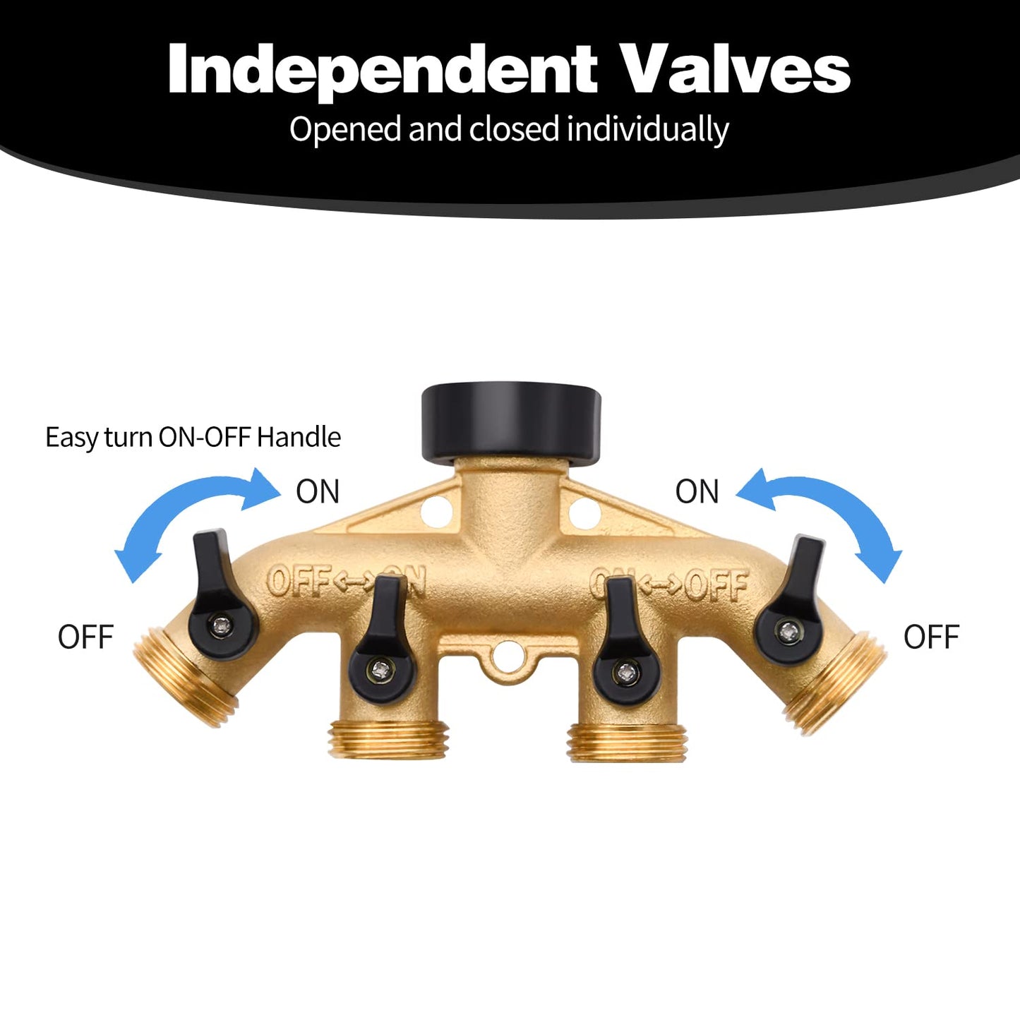 4 Way Hose Splitter with 4Pcs Garden Hose Extension Adapter, Brass Garden Hose Splitter Set, Hose Spigot Adapter with 4 Valves and 12 Rubber Washers & 4 Tapes