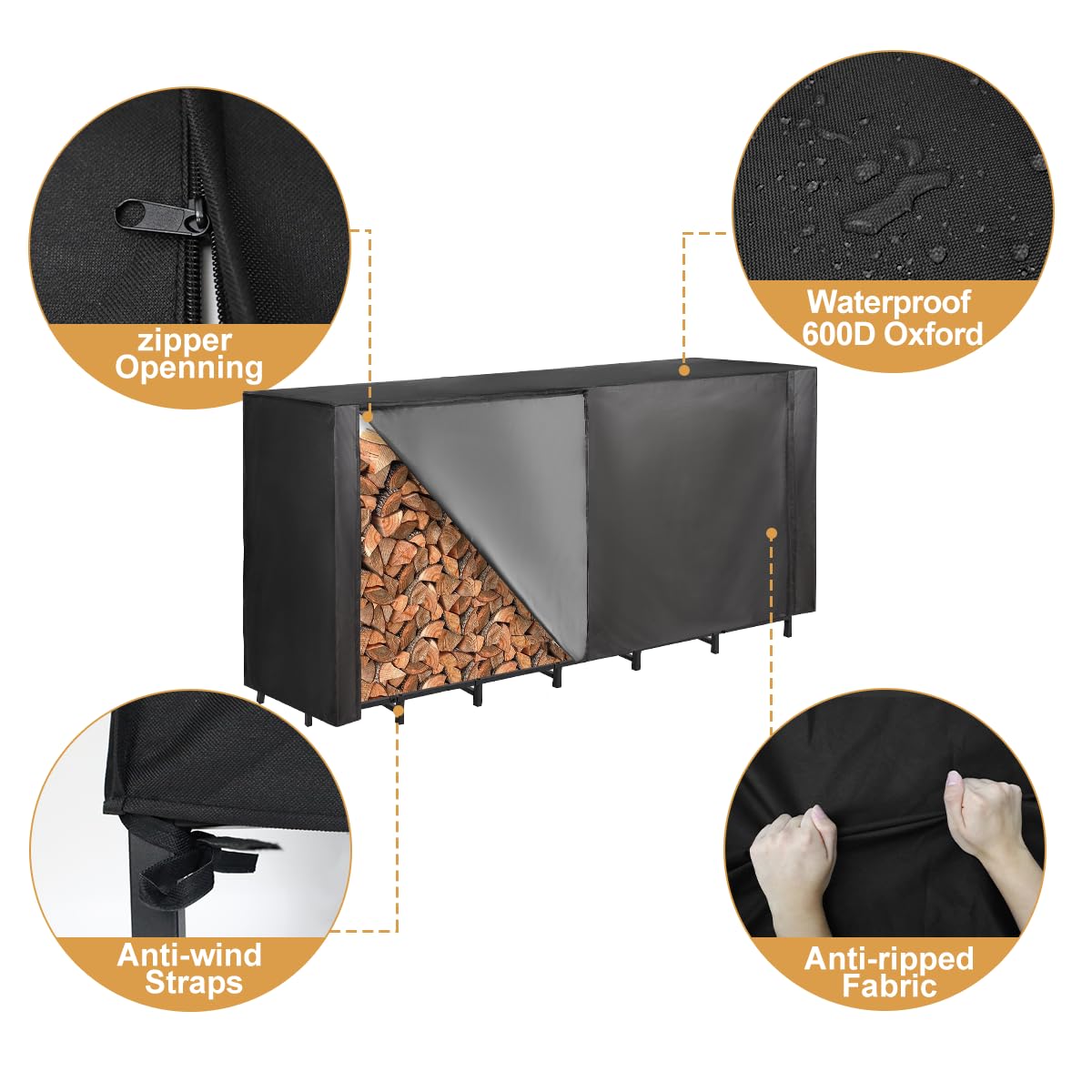 Vailge Firewood Rack Cover 8FT, Waterproof Firewood Rack Outdoor Cover with Full Front Zipper & Windproof Straps, Heavy Duty 600D Oxford Log Protector for All Seasons
