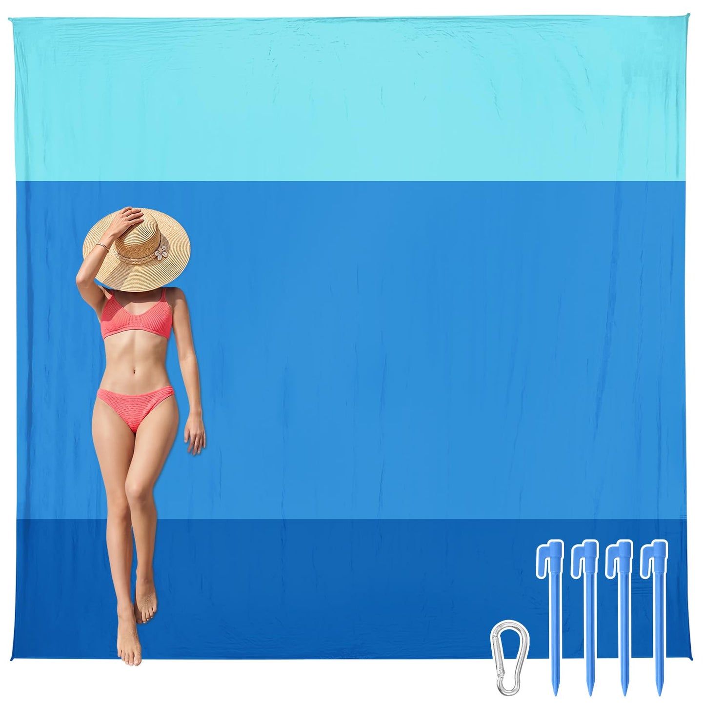 AlphaBeing Beach Blanket Waterproof Sandproof, Extra Large Beach Mat for 1–8 Adults, Oversized Picnic Blanket with 4 Stakes & Storage Bag, Essential Beach Gear for Travel (ThreeBlue, 120“×108”)