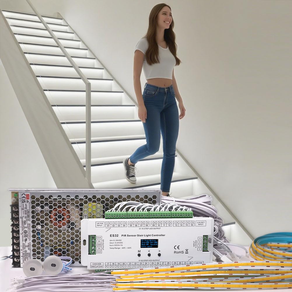 SuperlightingLED Intelligent Motion Sensor Stair Lights Indoor Staircase Lighting Kit ES32 PIR Sensor 4Feet Wide Cuttable Daylight White Dotless COB LED Strips 20PCS Complete Item (6000k)