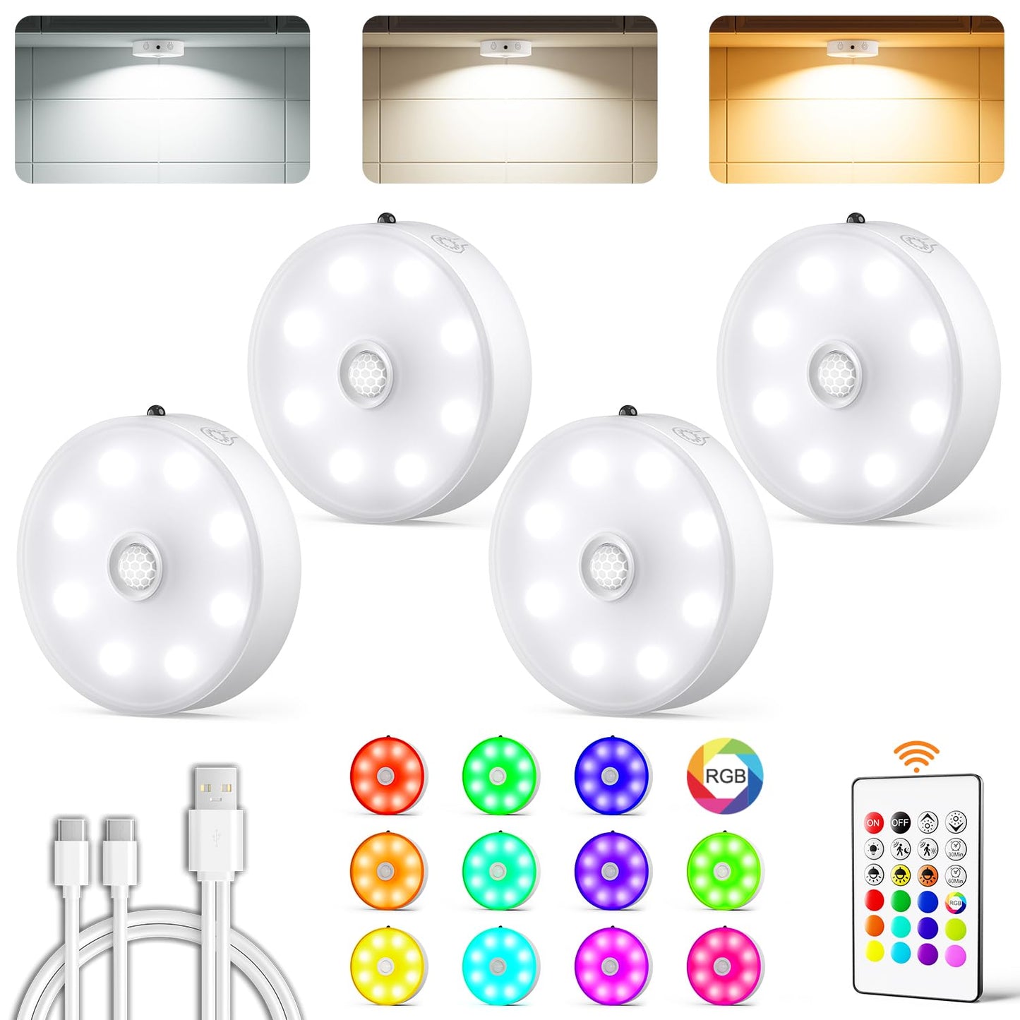 LENOMA Puck Lights with Remote, Rechargeable Under Cabinet Lighting, 3 Color Temps, 12 RGB Color LED Motion Sensor Lights Wireless, Dimmable Tap Lights for Closet, Kitchen, Shelf, Stair, 4 Pack