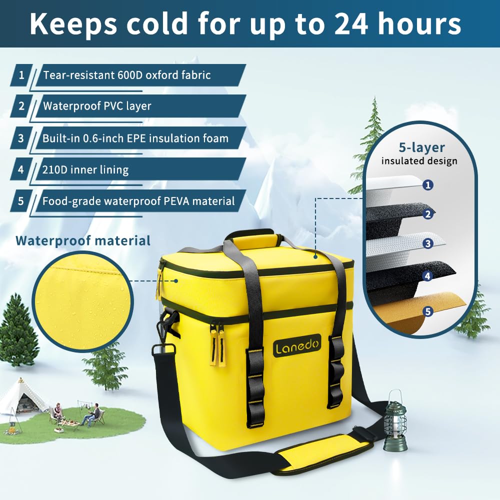 Lanedo Lunch Soft Cooler 20 Can, Soft Carrying Handle Insulated Bag Portable Ice Chest Box for Lunch, Beach, Drink, Beverage, Travel, Camping, Picnic, Car, Trips, Cooler Leak-Proof (Orange)