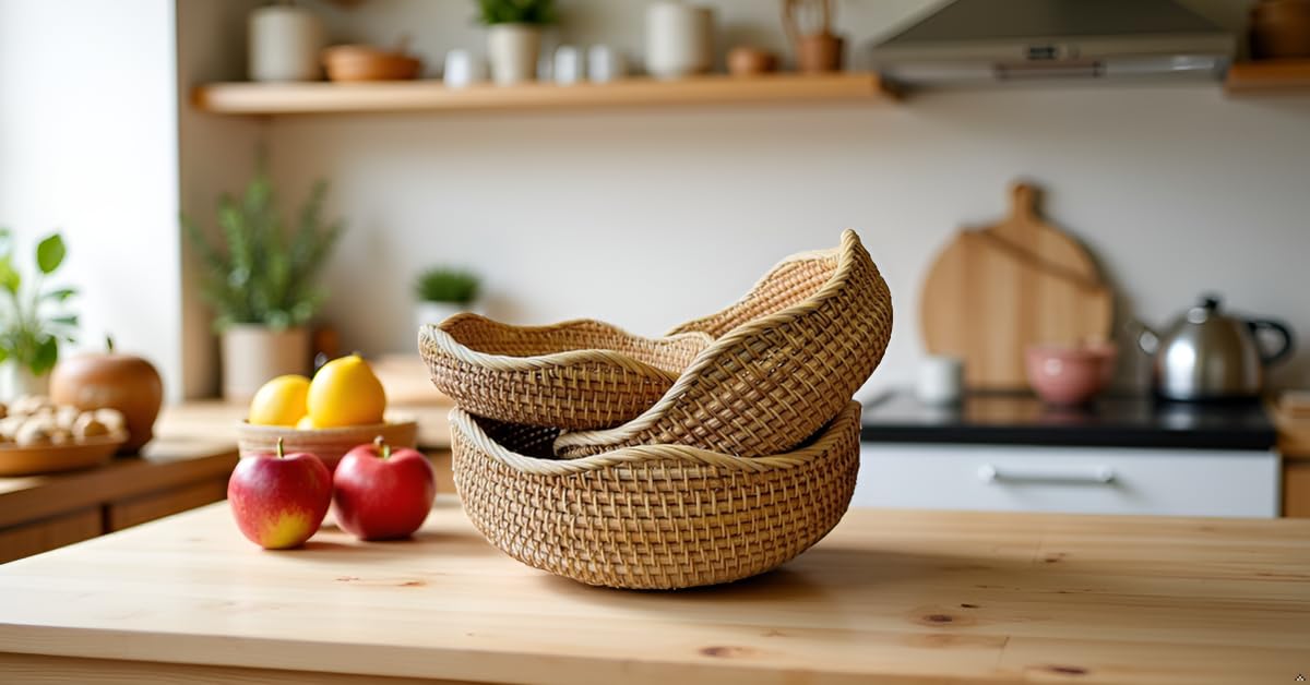 PYNAMIS 3 Pack Natural Rattan Round Wave Bread Basket, Fruit Bowl, Bread Basket Small Wicker Basket, Handmade Rattan Kitchen Decor, Fruit Storage, Basket Organizing, Set of 3 Size
