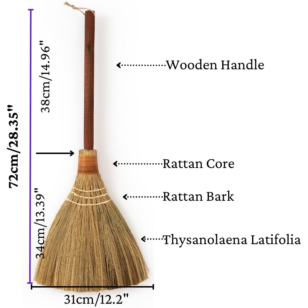 TTS For Home Natural Whisk Sweeping Hand Handle Broom - Vietnam Handmade Straw Soft Broom Design for Home, Kitchen, Grage, Bedroom 12.2" Width, 28.35" Length