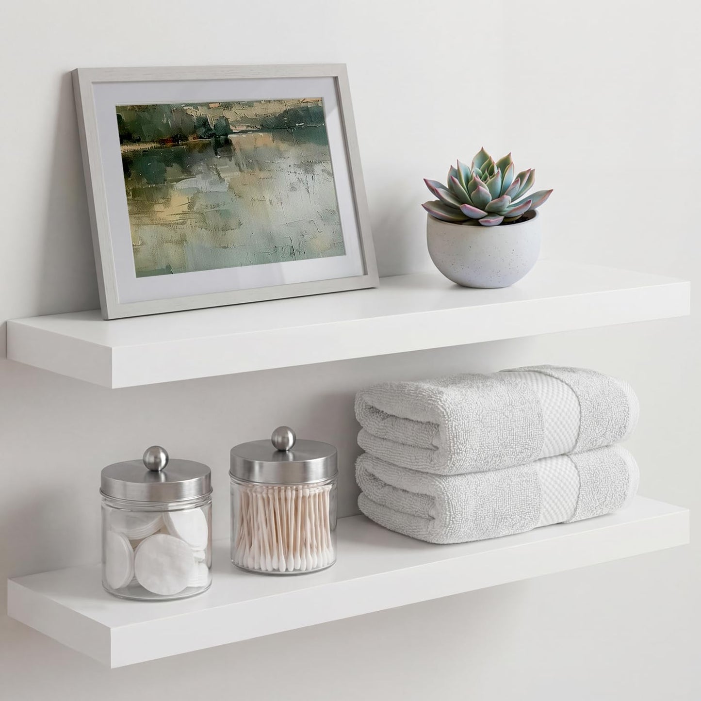 Homeforia White Floating Shelves 24 inch, High End Solid Real Wood 24inch Bathroom Floating Shelf for Wall Mounted, White Wooden 24in Floating Shelves, Heavy Duty Bracket, 24 X 6.5 X 1.75 in, Set of 2