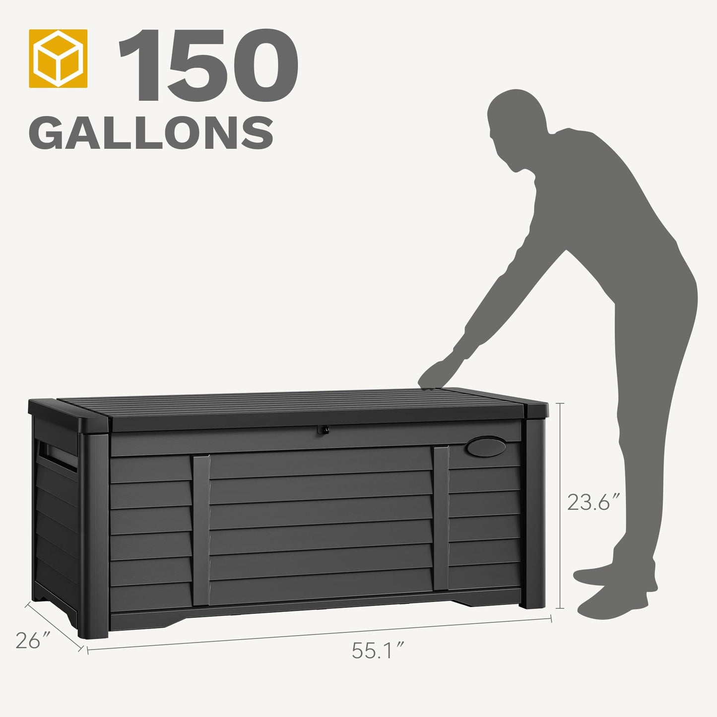 DWVO 150 Gallon Large Deck Box Waterproof Outdoor Storage Box, Extra Large Storage Bin, Resin Louvered Patio Storage for Indoor Pillows, Garden Tools & Pool Supplies, Lockable, Black