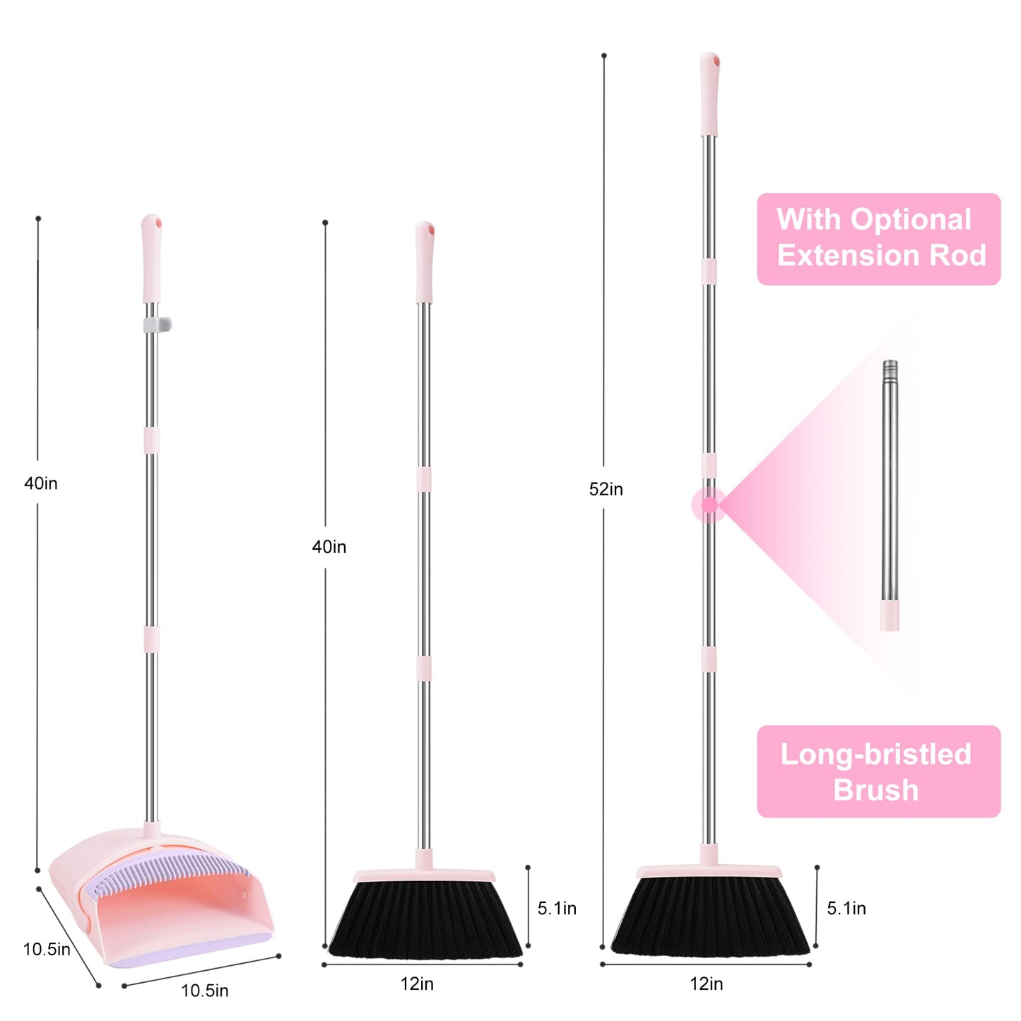 Broom with Dustpan Combo Set, 52-in Adjustable Handles Broom and Dustpan Set with Combo Teeth Easy to Scrape Off Pet Hair, Indoor&Outdoor Sweeping