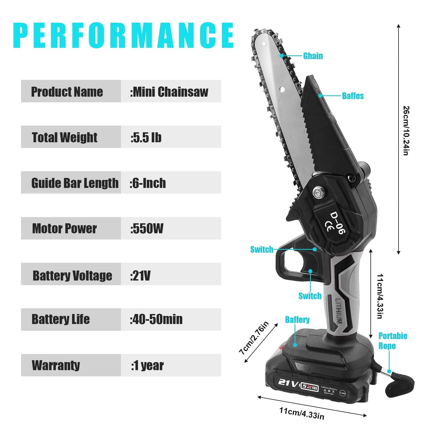 6 Inch Mini Chainsaw, Cordless Electric Chainsaw with 2 Battery, Handheld Mini Chain saw with Security Lock for Wood Cutting Tree Trimming Gardening, Black