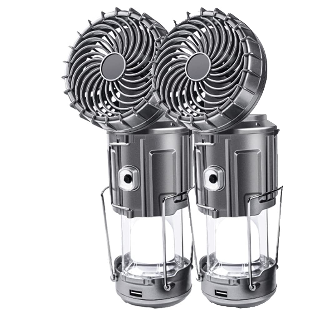 SupBri 2Pack Solar Camping Lantern with Fan, 3-Way Power Source,Rechargeable Lanterns for Power Outages, Camping Lights for Tent Hurricane Emergency Camping Gear Must Haves