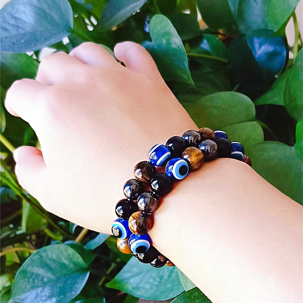 WEFRIN Triple Protection Bracelet for Bring Luck and Prosperity Hematite Black Obsidian Tiger Eye Stone Bracelets for Men Women, Beaded Buddha Healing Rope Uni Bracelet (2pcs) (D)