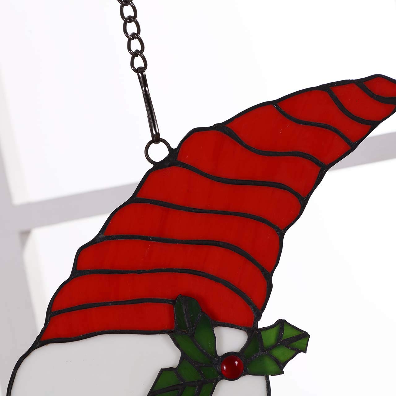 Bieye W10019 Santa Claus Head Moon Tiffany Style Stained Glass Window Panel with Hanging Chain, 11" W x 15" H
