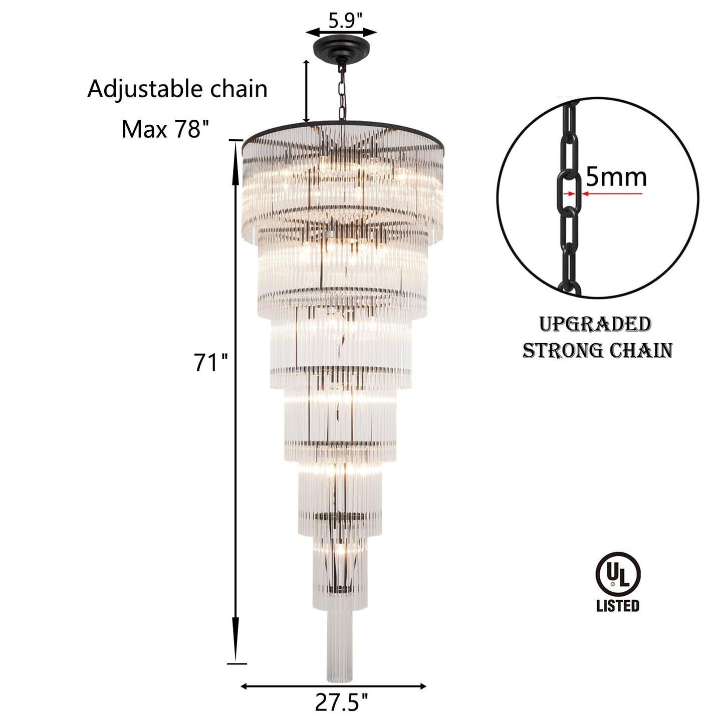 Akeelighting Black Glass Chandeliers for High Ceiling, 7-Tier Glass Rod Chandelier H71 Modern Foyer Entryway Ceiling Light Fixture for Staircase Living Room Entry Extra Long