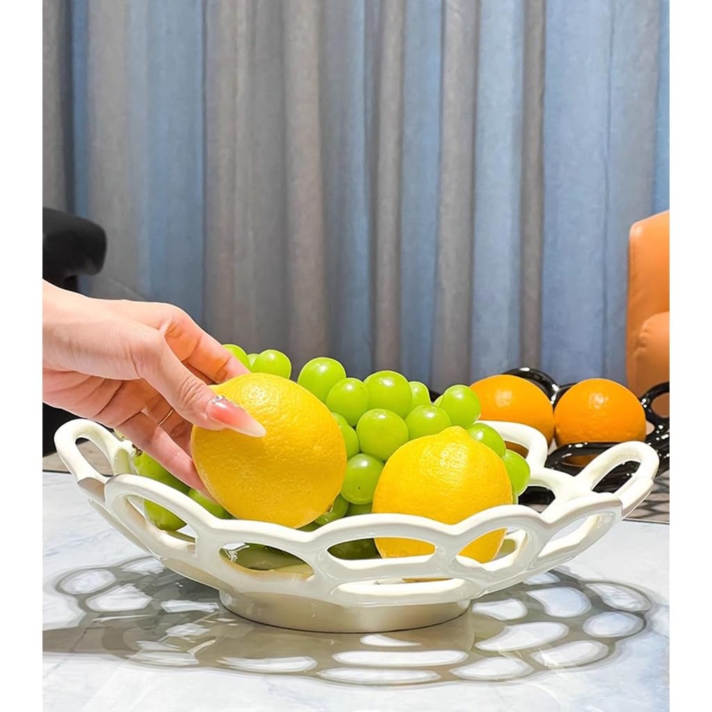 KITCISSL Fruit Bowl Ceramic Fruit Plate Living Room Household Coffee Table Decor, Coffee Table Decorative Centerpiece Candy Snacks Storage Basket Modern Creative Hollow Fruit Basket(White)