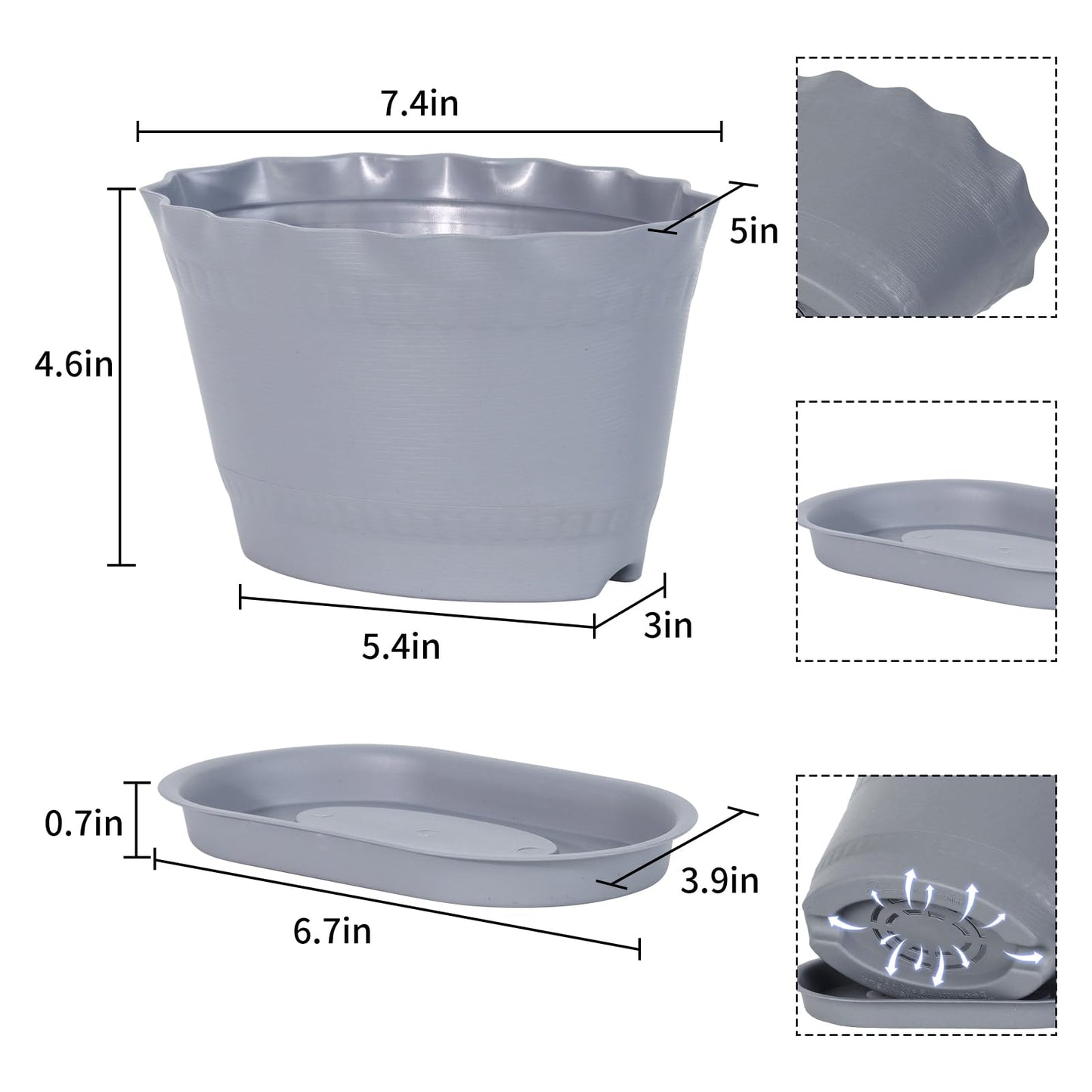 Oliz Herb Planter Pots 6 Pcs, Window Box Planter Flower Plants Pots for Succulent Cactus Flower with Trays, for Home Garden Kitchen Decor (Grey)