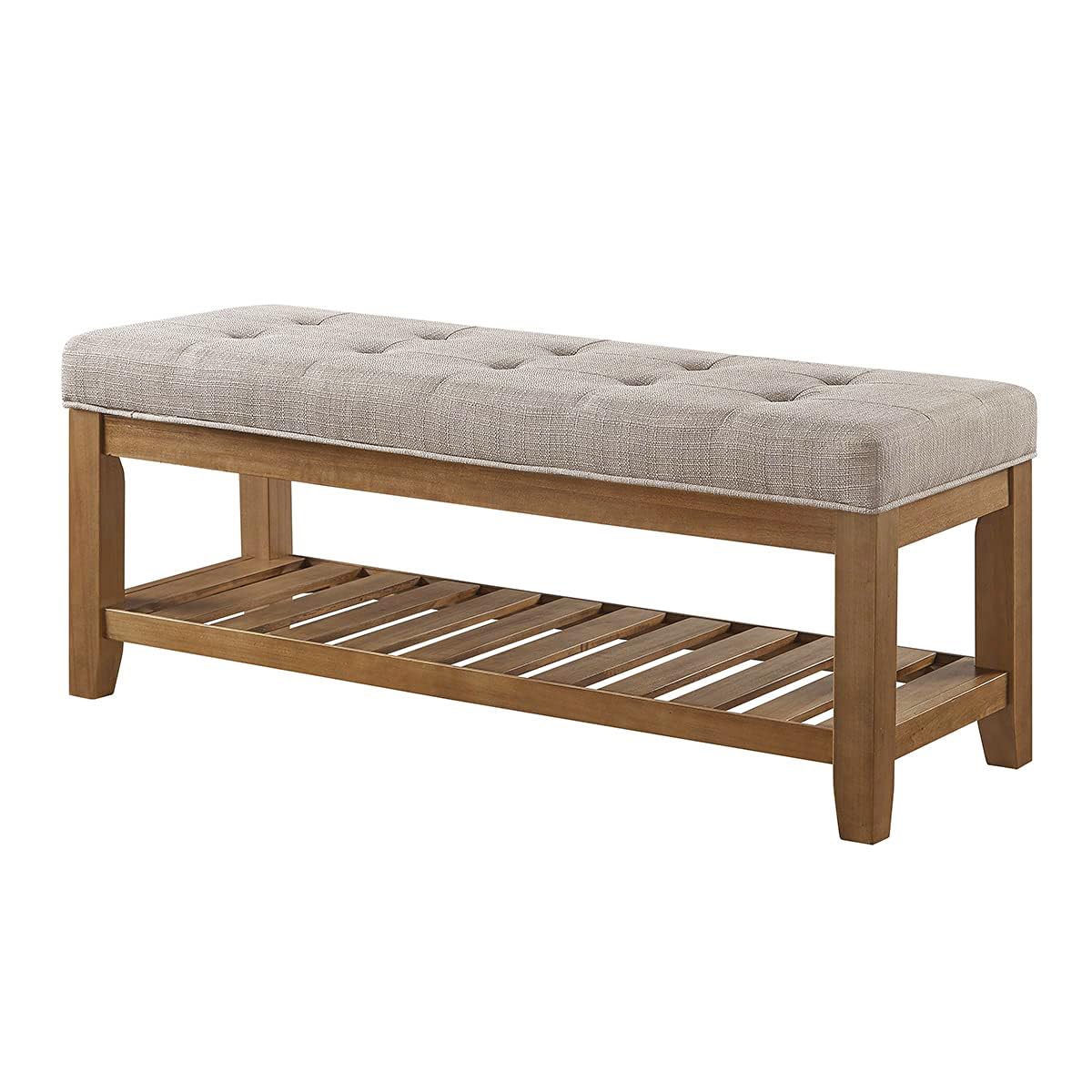 24KF Large Rectangular Upholstered Tufted Linen Fabric Ottoman Bench, Padded Bench with Solid Wood Shelf-Linen