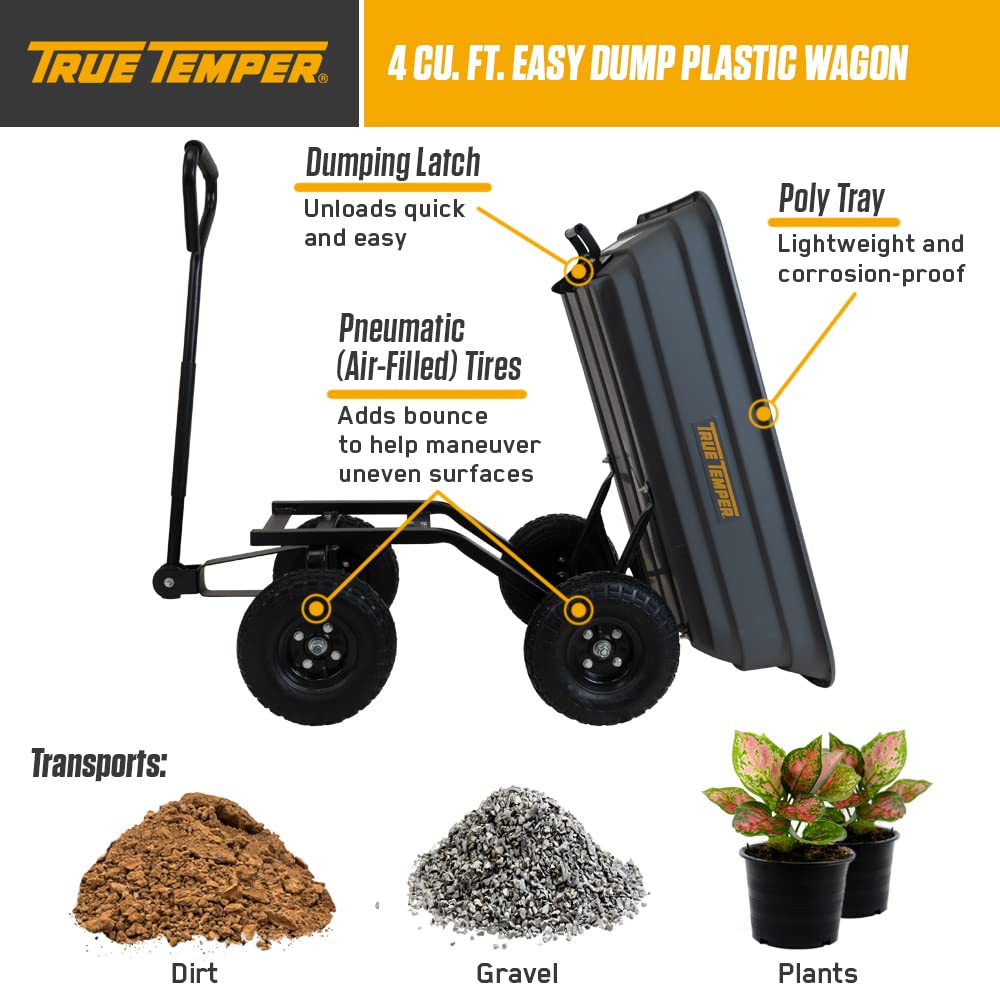 True Temper Poly Garden Cart Wagon, Easy Dump Design, 4 Cu. Ft. Capacity, 10 in. Pneumatic Tires for Lawn, Utility, Yard, Farm